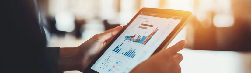 Leinwandbilder - A person holding a tablet displaying business charts and graphs.