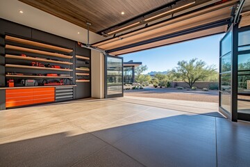 Aufkleber - Modern garage interior with organized shelves and an open view of a landscaped exterior.