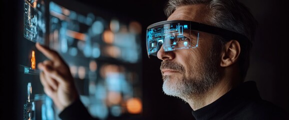 Leinwandbilder - A man using augmented reality glasses to interact with digital displays.
