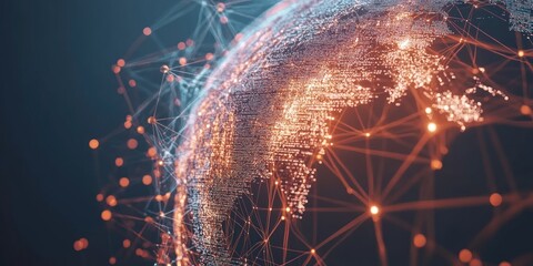 Poster - A digital representation of a global network with interconnected nodes and lines.