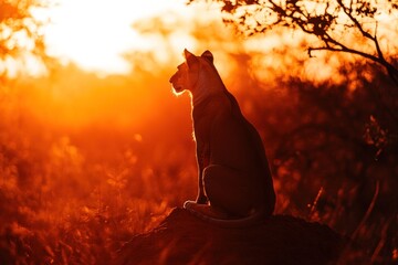 Poster - A lioness silhouetted against a vibrant sunset in a natural landscape.