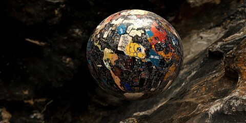 Aufkleber - A colorful, textured globe suspended in a dark environment, symbolizing global interconnectedness.