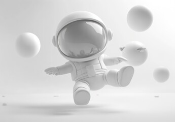 Fototapete - A whimsical, white astronaut figure floats among spherical shapes in a minimalist setting.