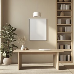 Poster - Minimalist workspace featuring a wooden table, plant, and bookshelf in neutral tones.