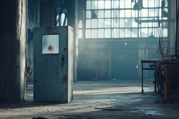 Poster - A rusty refrigerator stands in a dimly lit industrial space with large windows.