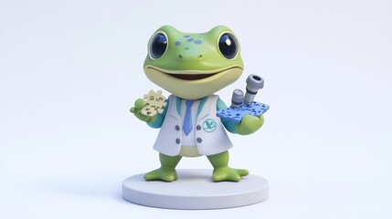 Poster - A cartoon frog character in a lab coat, holding flowers and a microscope, representing science.