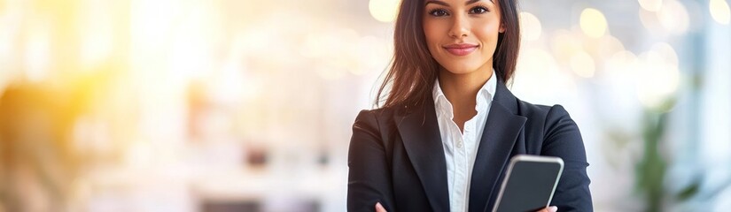 Poster - Confident businesswoman holding a smartphone in a bright office setting.