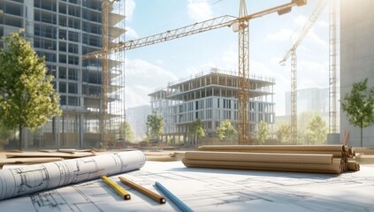 Aufkleber - Construction site with blueprints and cranes, depicting urban development.