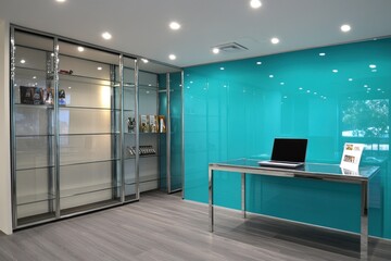 Aufkleber - Modern office interior featuring a glass display and sleek furniture.