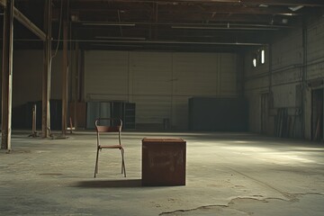 Aufkleber - An empty industrial space featuring a lone chair and a box, evoking solitude and contemplation.