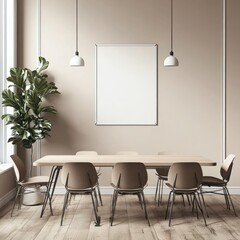 Poster - A modern conference room with a large table, chairs, and a decorative plant.