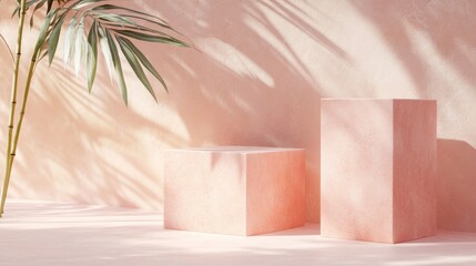 Aufkleber - A serene composition featuring pink geometric shapes and a palm leaf against a soft backdrop.