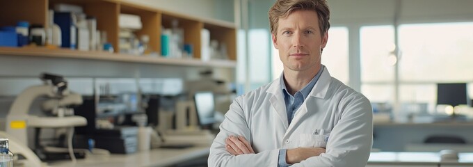 Poster - A scientist in a lab coat stands confidently in a modern laboratory setting.