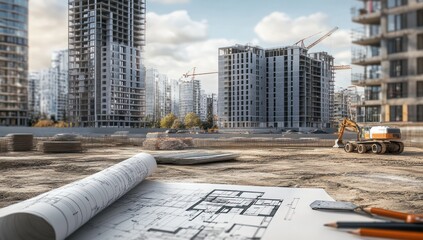 Aufkleber - Construction site with blueprints and buildings under development.