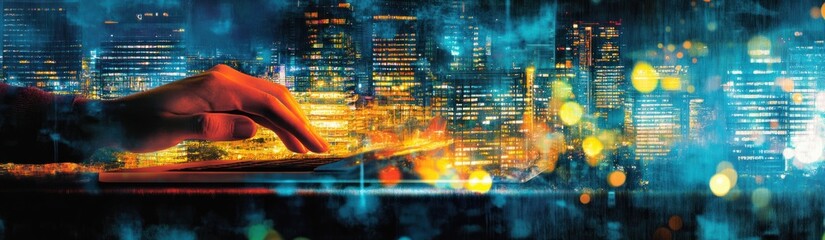 Poster - A hand interacting with a digital interface against a vibrant cityscape backdrop.