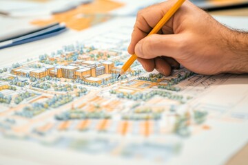 Poster - A hand drawing a detailed architectural plan with colored pencil on a layout.