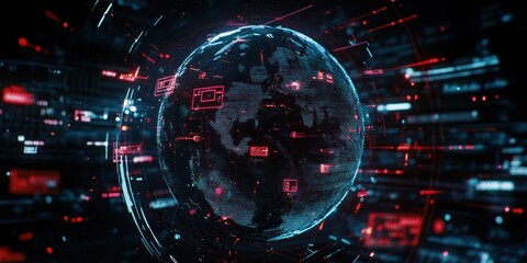 Poster - A digital representation of Earth surrounded by data streams and technology elements.