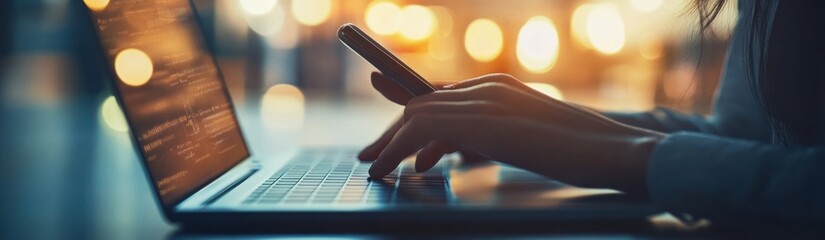 Aufkleber - A person using a smartphone while typing on a laptop, illuminated by soft lighting.