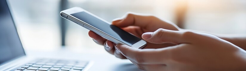 Aufkleber - A person using a smartphone while sitting next to a laptop, indicating multitasking.