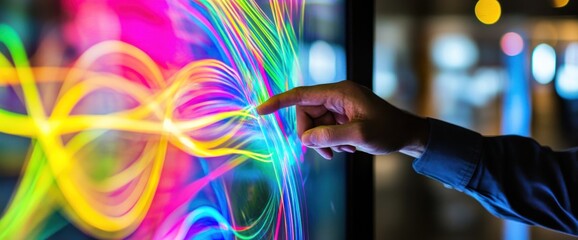 Poster - A hand interacts with a colorful digital display, showcasing vibrant light patterns.