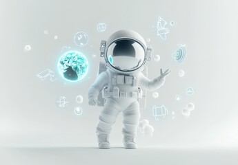 Poster - An astronaut stands against a light background, surrounded by icons representing knowledge and exploration.