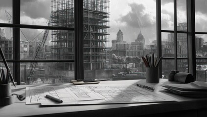 Poster - A monochrome office view overlooking a construction site with architectural plans on the desk.