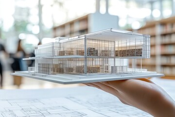 Poster - A hand holds a detailed architectural model of a modern building in a library setting.