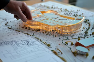 Poster - A hand interacts with a detailed architectural model showcasing a modern building design.