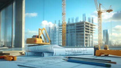 Aufkleber - A construction site with blueprints, tools, and cranes in the background.