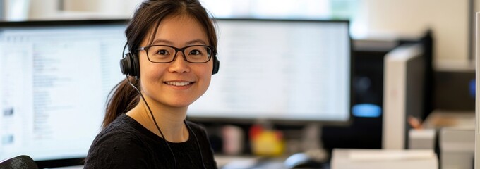 Poster - A smiling woman wearing headphones at a desk with computer screens in an office setting.