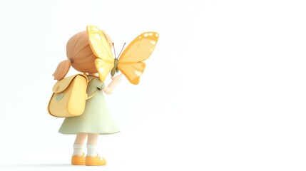 Aufkleber - A child with a yellow backpack admires a butterfly, symbolizing wonder and curiosity.