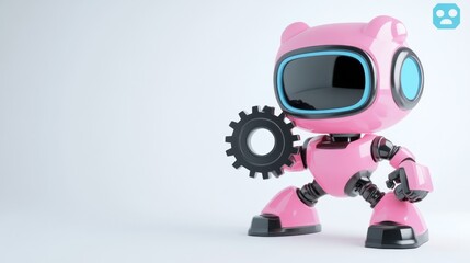 Leinwandbilder - a cute pink robot holding a gear, symbolizing technology and innovation.