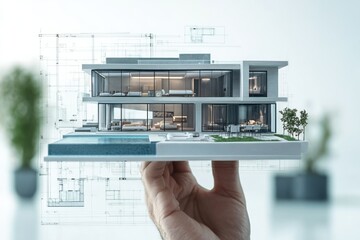 Poster - A hand holds a model of a modern house with architectural plans in the background.