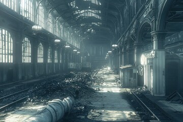 Poster - An abandoned train station filled with debris and shafts of light illuminating the space.