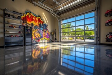 Poster - A stylish garage featuring polished floors, vibrant graffiti, and large windows.