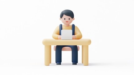 Poster - A 3D cartoon character sitting at a desk, looking at a tablet.