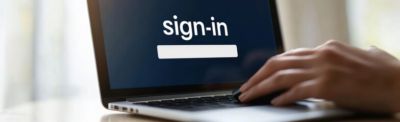 Poster - A hand interacting with a laptop displaying a sign-in screen.