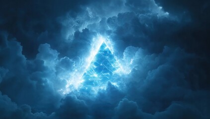 Poster - A dramatic sky filled with dark clouds and a glowing blue triangle at its center.