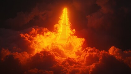 Aufkleber - A fiery tower emerges from dark, swirling clouds, creating a dramatic and intense atmosphere.