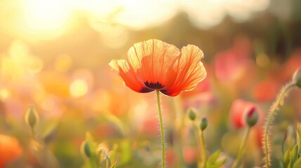 Wall Mural - blooming poppy flower glowing in warm sunset light