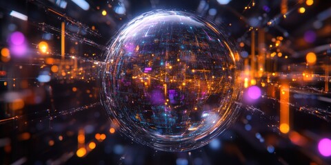 Aufkleber - A digital sphere surrounded by vibrant lights, representing technology and connectivity.