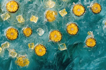 Poster - A refreshing scene of pineapple slices and ice cubes floating in turquoise water.
