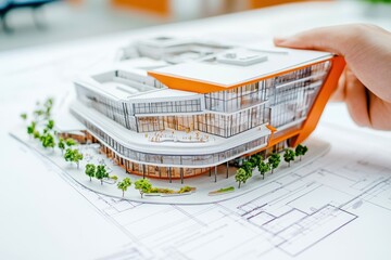 Poster - A detailed architectural model of a modern building on top of blueprints.