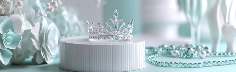 Poster - A delicate tiara on a pedestal surrounded by floral decorations and elegant accessories.