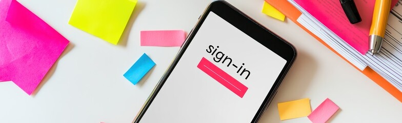 Poster - A smartphone displaying a sign-in screen, surrounded by colorful sticky notes and stationery.