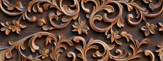 Poster - Intricate wooden carving featuring floral and vine patterns.