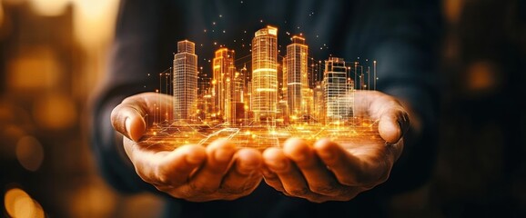 Poster - A person holds a glowing, futuristic cityscape in their hands, symbolizing innovation and growth.