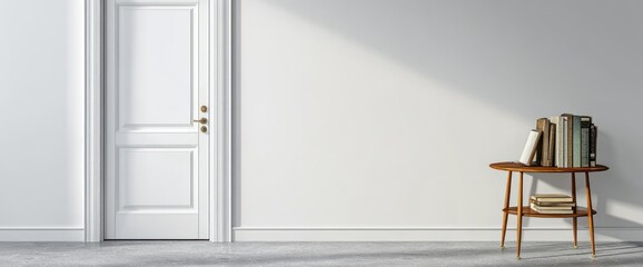 Poster - A minimalist interior featuring a door and a small table with books.