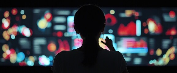 Poster - A person interacts with a digital display showcasing vibrant data visualizations.