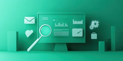 Poster - A green-themed digital workspace with graphs, icons, and a magnifying glass for analysis.